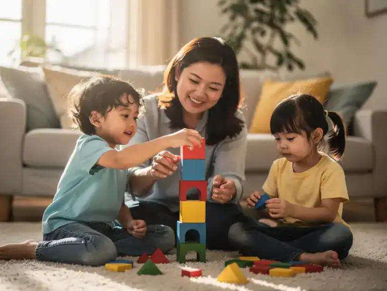 הורה ושני ילדים משחקים בקוביות וממיינים צורות בסלון